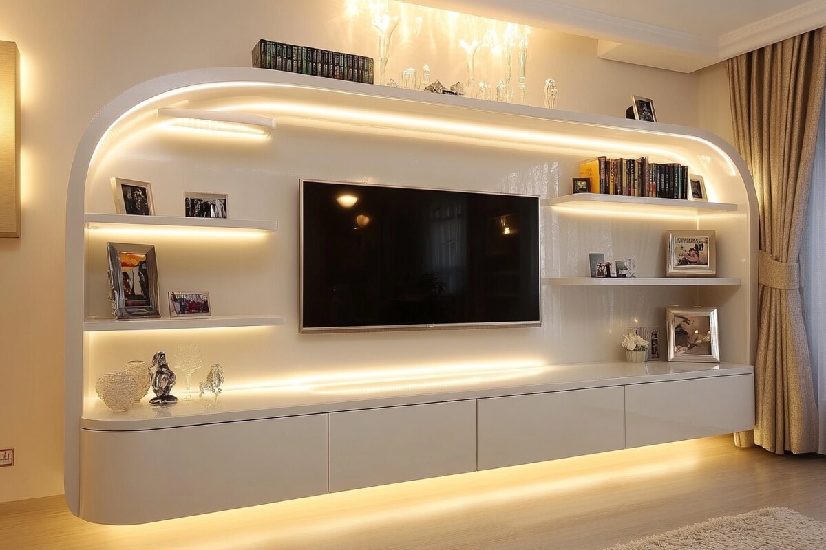 Modern TV Accent Wall featuring Champagne Gold Metal Profile Accents #25